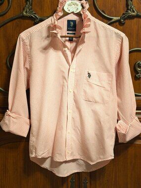 🌸 Upcycled Orange Check Ruffle Collar Oxford Blouse | Women’s Size Medium 🌸
